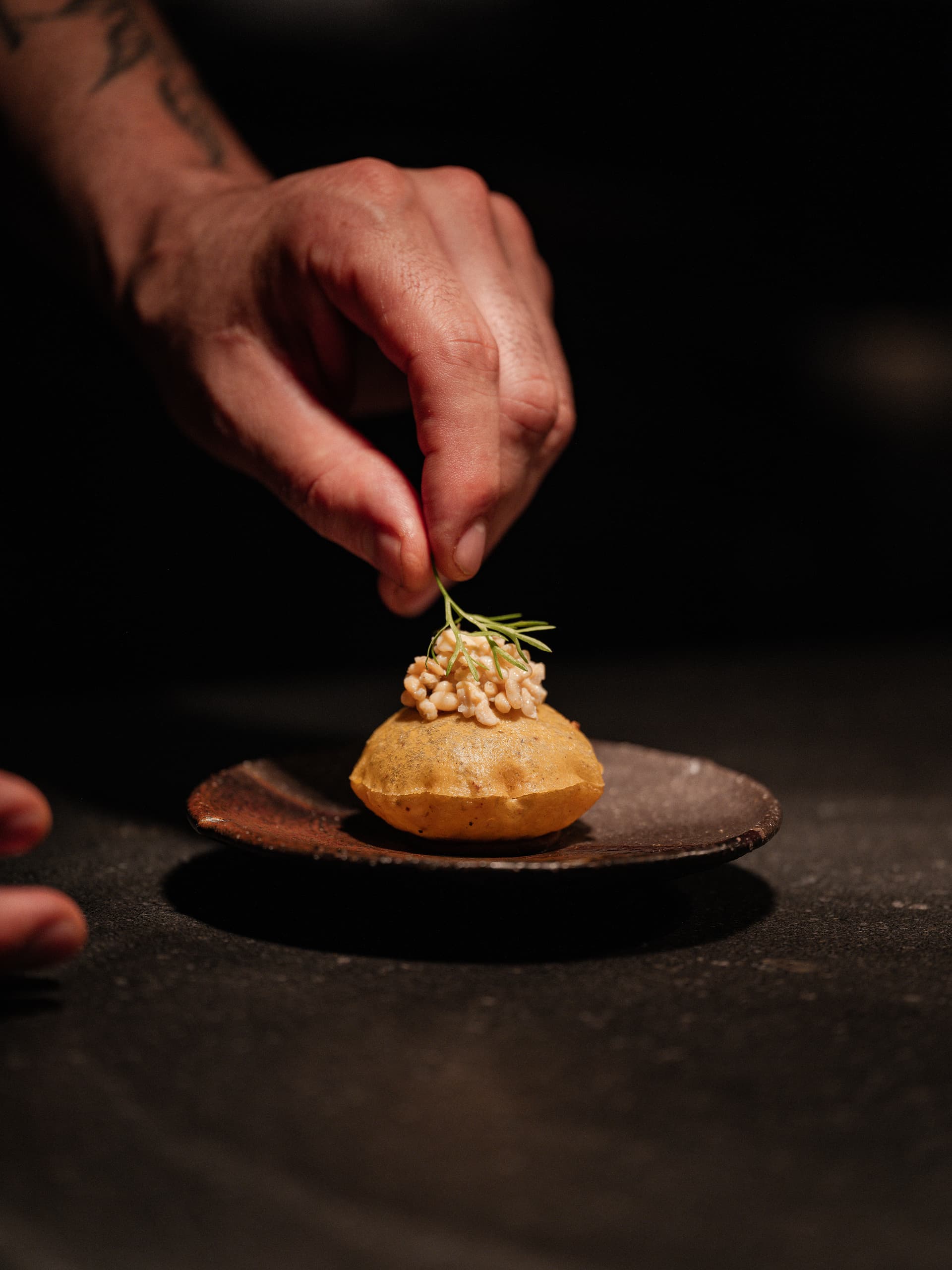 Manos de chef emplatando